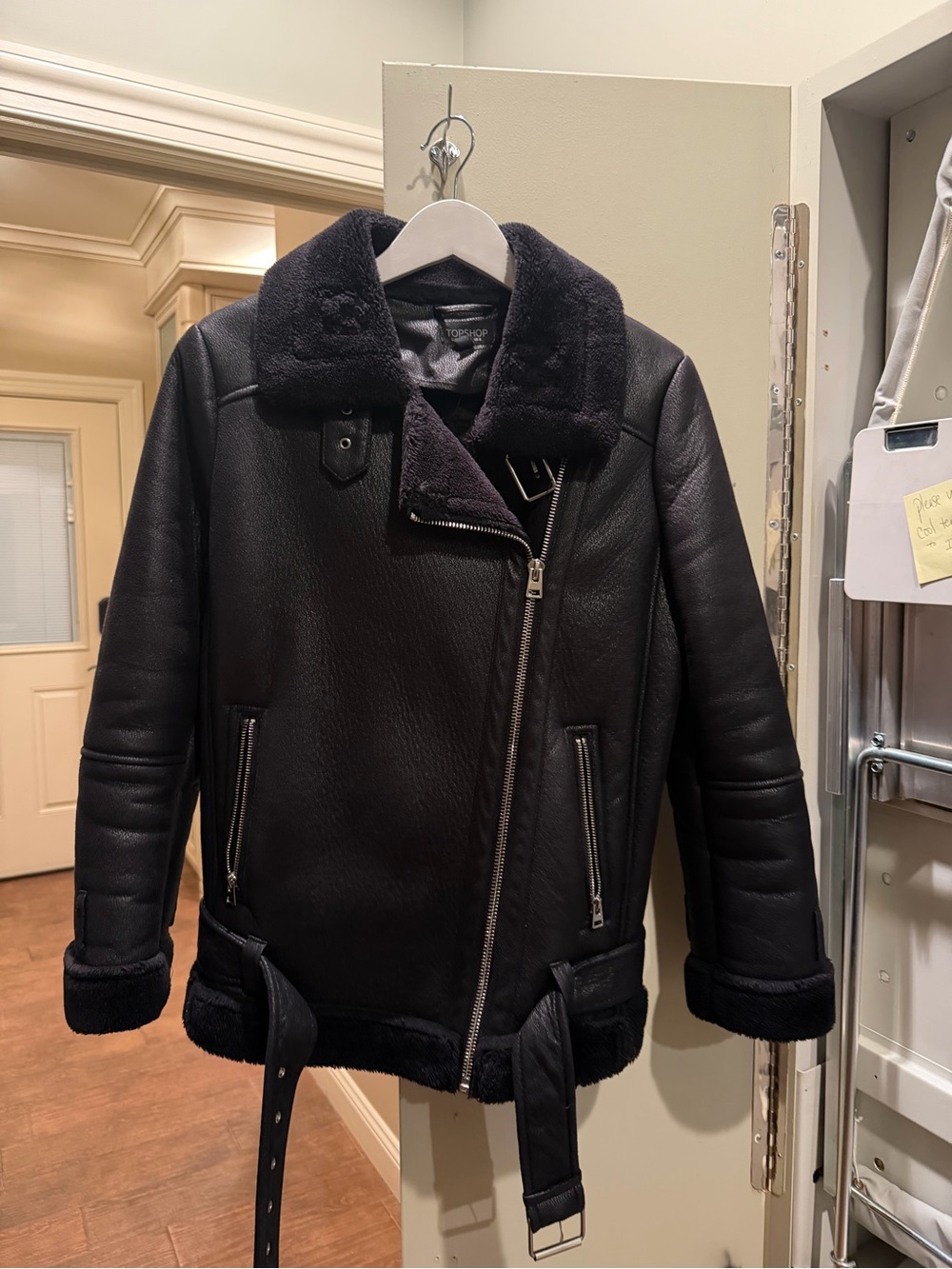 Women’s Black Shearling Biker Jacket - Classic Winter Coat